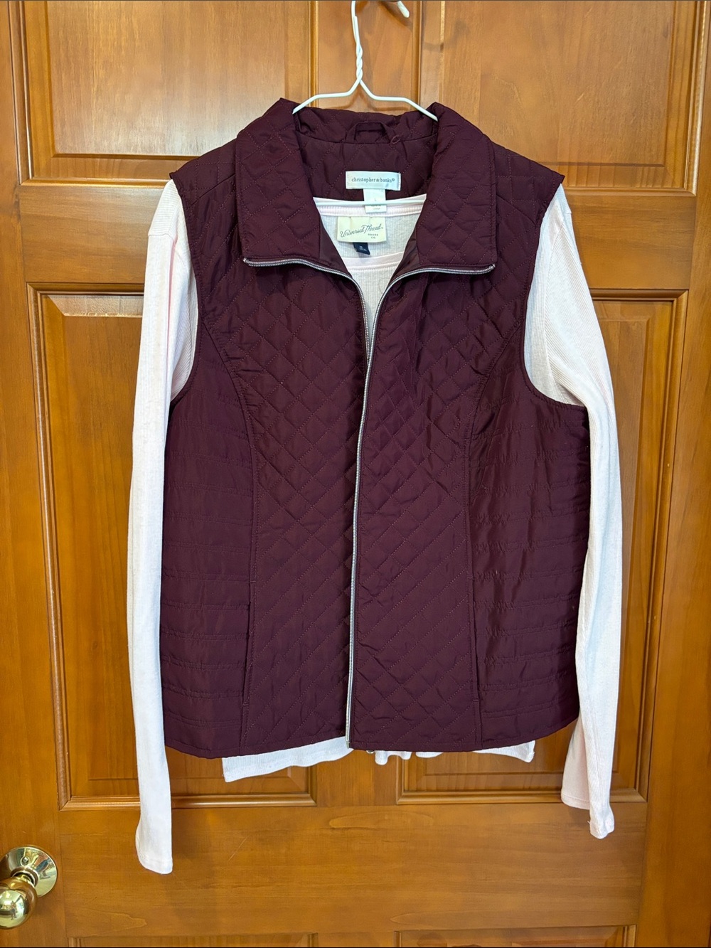 Christopher & Banks Quilted Vest in Deep Burgundy with Light Pink Sleeves